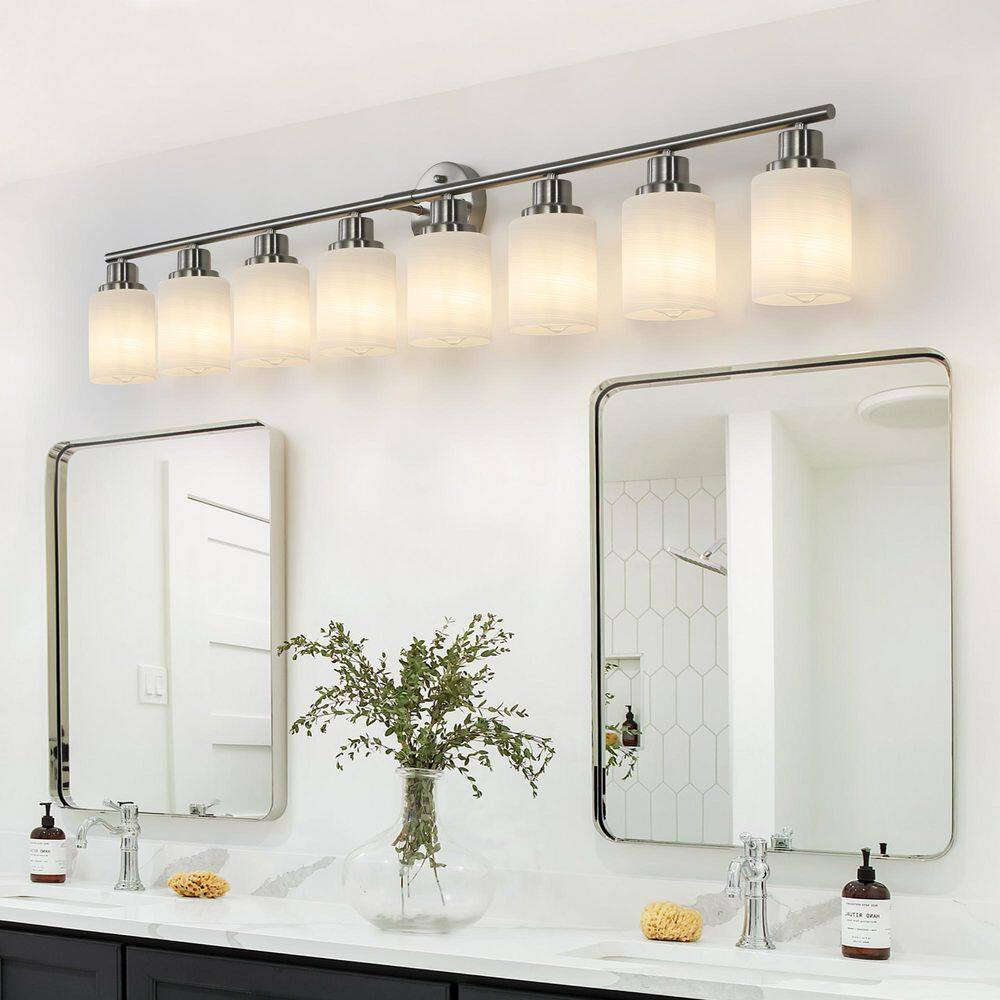 52 in. 8 Light Nickel Bathroom Vanity with Frosted White Glass, Modern Wall Sconce for Dressing Room, Bulbs NOT Included price history on PriceWatchPro