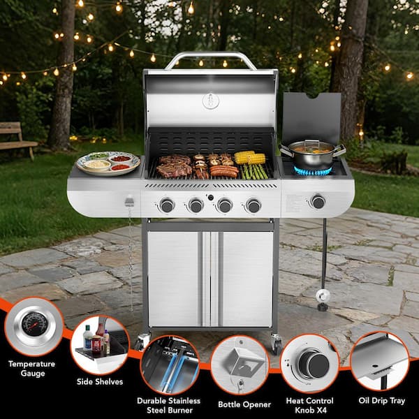 4-Burner Propane Gas Grill with Side Burner Portable Stainless Steel BBQ Outdoor Stovetop, 42,000 BTU