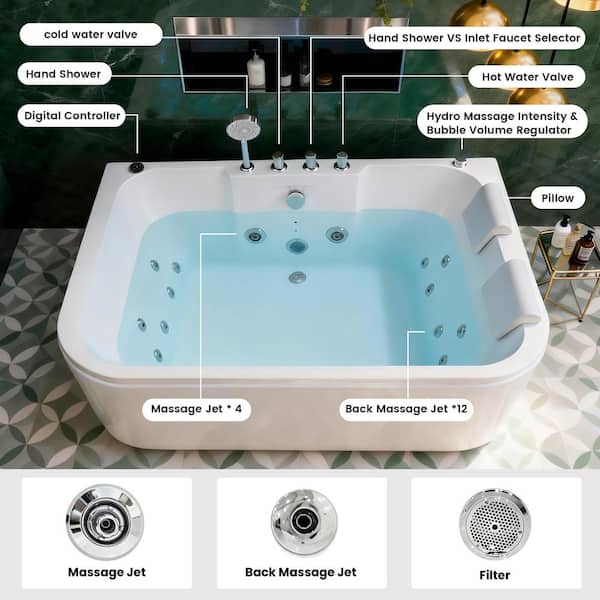 CASAINC 62 in. x 44 in. Alcove Whirlpool Bathtub with Center Drain