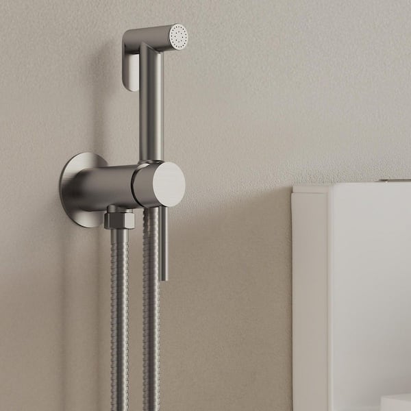 1-Handle Bidet Faucet Hot and Cold with Wall Mount Holder Solid Brass Body in Brushed Nickel