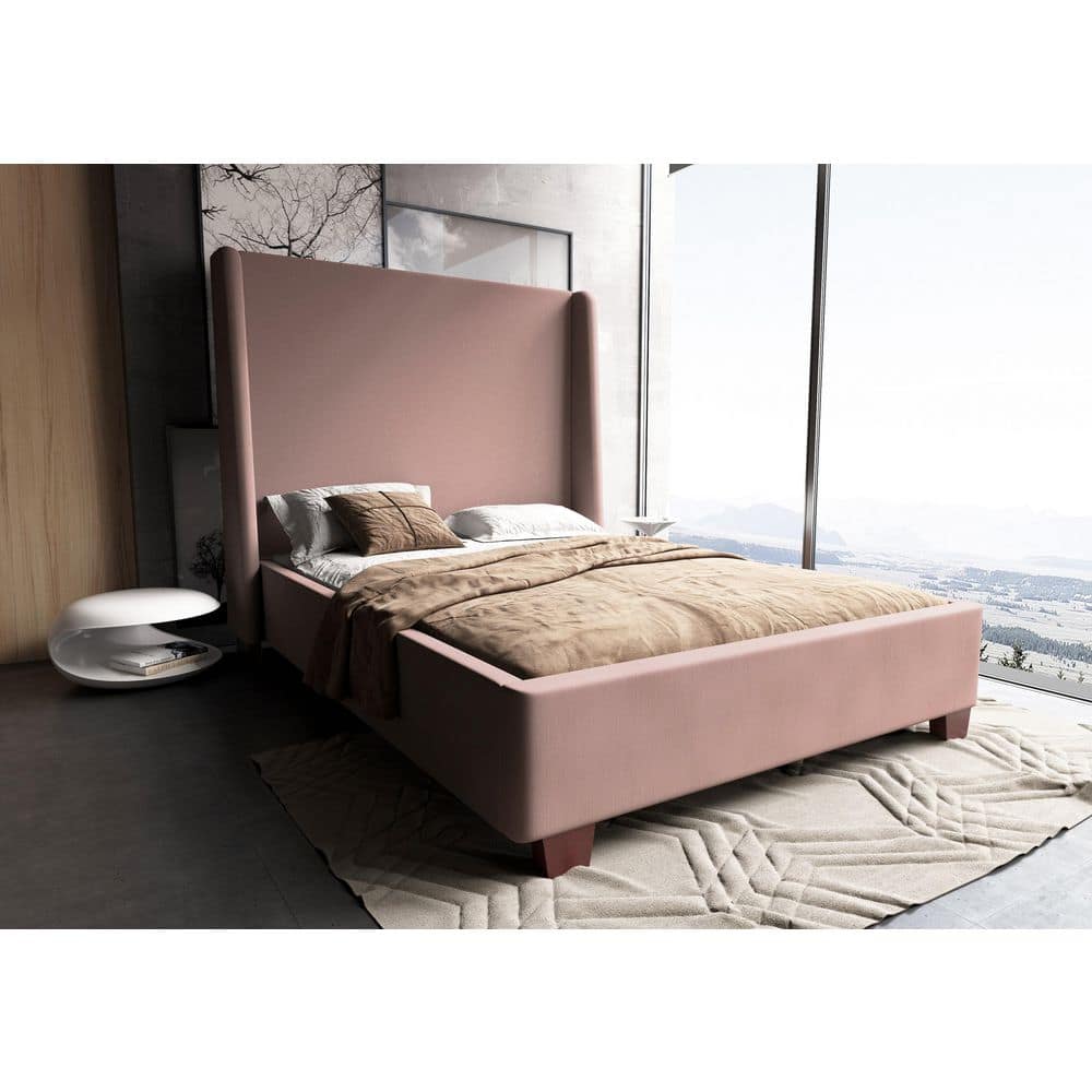 Blush Pink Velvet Upholstered Full/Double Bed with Curved Headboard