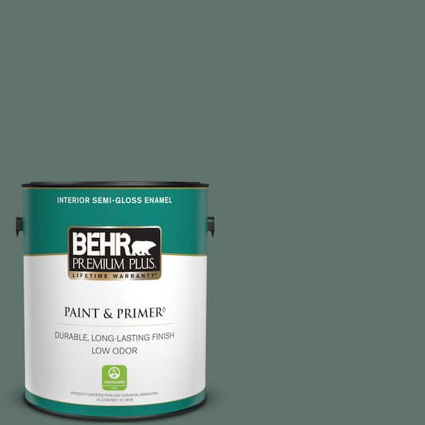 BEHR PREMIUM PLUS 1 gal. #PPU12-17 Cameroon Green Semi-Gloss Enamel Low Odor Interior Paint & Primer