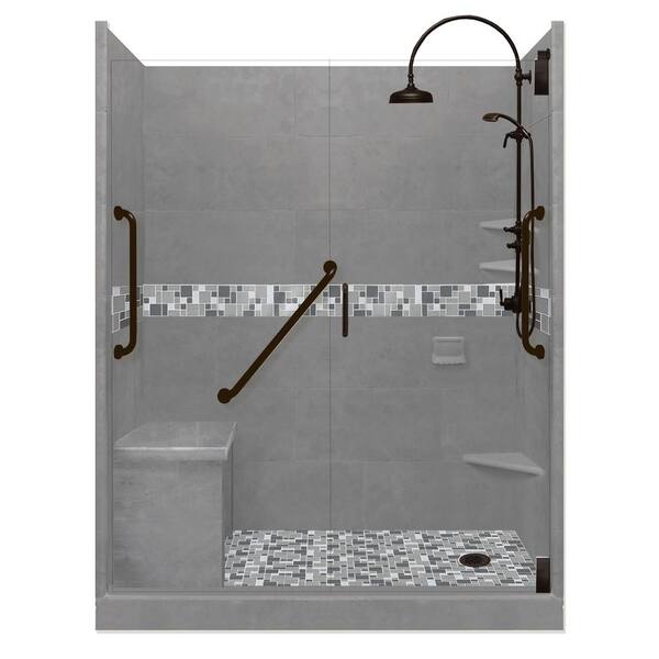 American Bath Factory Newport Freedom Luxe Hinged 34 in. x 60 in. Right Drain Alcove Shower in Wet Cement and Black Pipe Faucet/Hardware