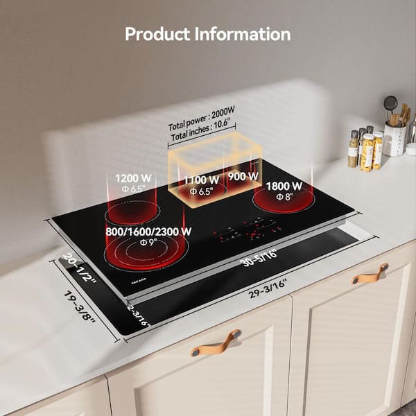 30 in. 4 Burner Glass Top Radiant Electric Cooktop in Black with Triple Ring and Oval Element Touch Control