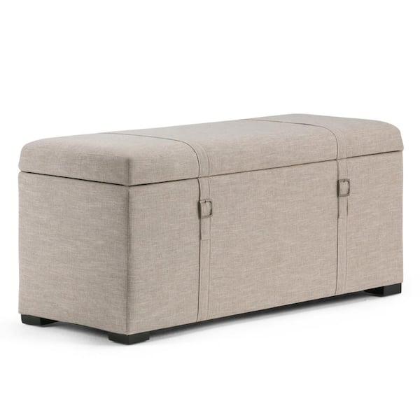 Simpli Home Dorchester 41 in. Transitional Storage Ottoman in Natural Linen Look Fabric