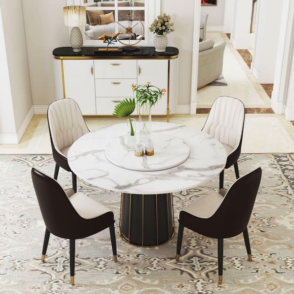 Creamy Style Pure White Round Rock Board Table Stable Carbon Steel Base  Home Furniture Multifunctional Convertible Kitchen Table