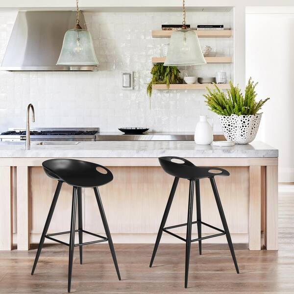 Homy Casa Fiyan 24.4 in. Black Metal Frame Low Back Retro Style Counter Stool with Black PP Seat (Set of 2)