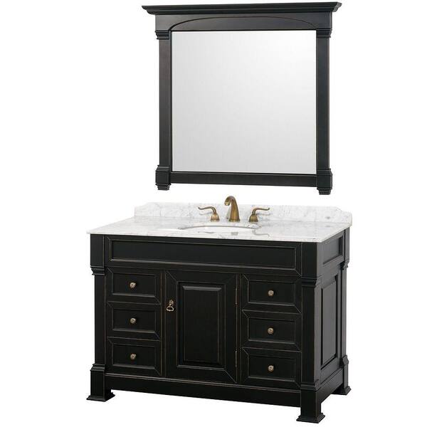 Wyndham Collection Andover 48 in. Vanity in Antique Black with Marble Vanity Top in Carrera White and Mirror