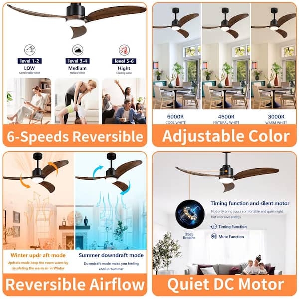 52 in. Downrod Mount Ceiling Fan with Dimmable LED Light, 6-Speed, Adjustable 3-Downrod,Reversible,Remote,Brown