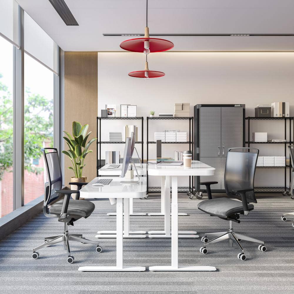 White Adjustable Height Glass Standing Desk with USB Ports and Drawer
