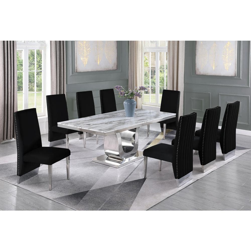 Silver Stainless Steel 9 Piece Dining Set with Marble Table and Black Velvet Chairs