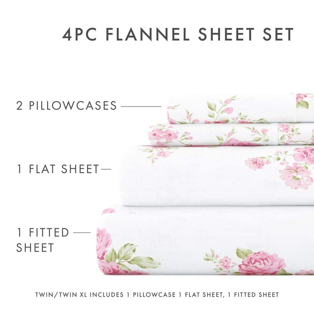 Queen Pink Floral Cotton Flannel Deep Pocket Sheet Set