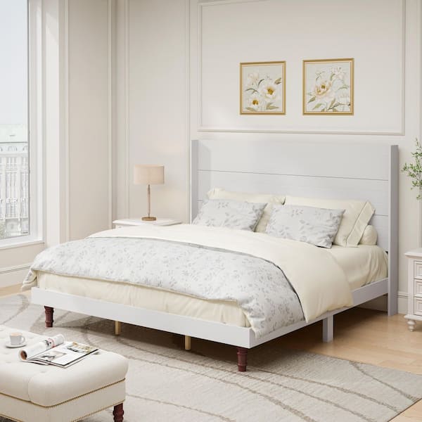 Noble House Cozly White Wood Frame King Size Platform Bed with High Headboard