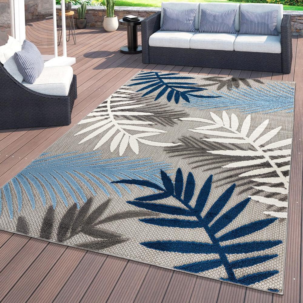 Evora Blue and Gray Palm Frond Indoor/Outdoor Area Rug