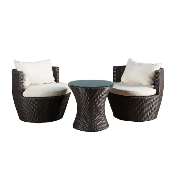 Kono Brown 3-Piece Faux Rattan Outdoor Patio Conversation Set with Beige Cushions