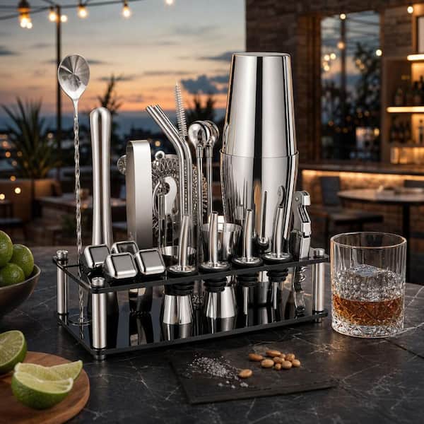 Wudkey 23-Piece Boston Bartender Kit with Acrylic Stand and Cocktail Recipes Booklet, Cocktail Shaker Set, Silver
