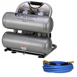 Ultra Quiet Oil-Free 4.6 Gal. 1 Hp 120 PSI Electric Steel Twin Tank Air Compressor with 25 ft. Hybrid Air Hose