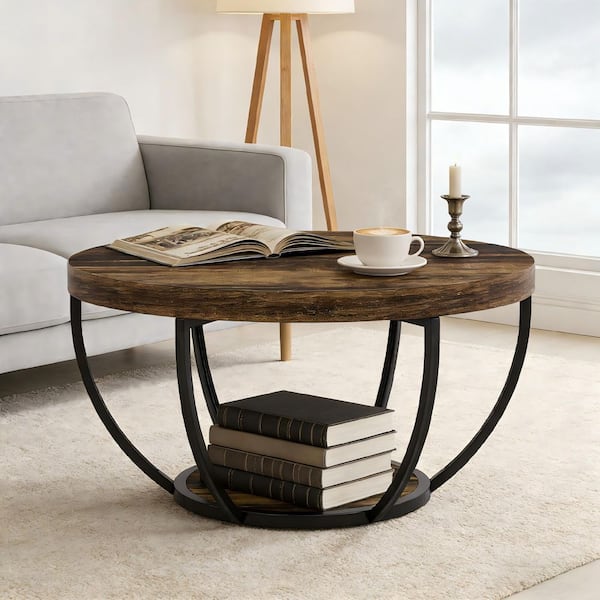 31.7 in. Farmhouse Brown Round Wood Coffee Table with Storage, 2-Tier Small Modern Center Table for Living Room, Office