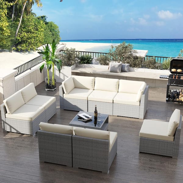 Gardenbee 9-Piece Wicker Outdoor Patio Sectional Sofa Conversation Set with Coffee Table and Beige Cushions