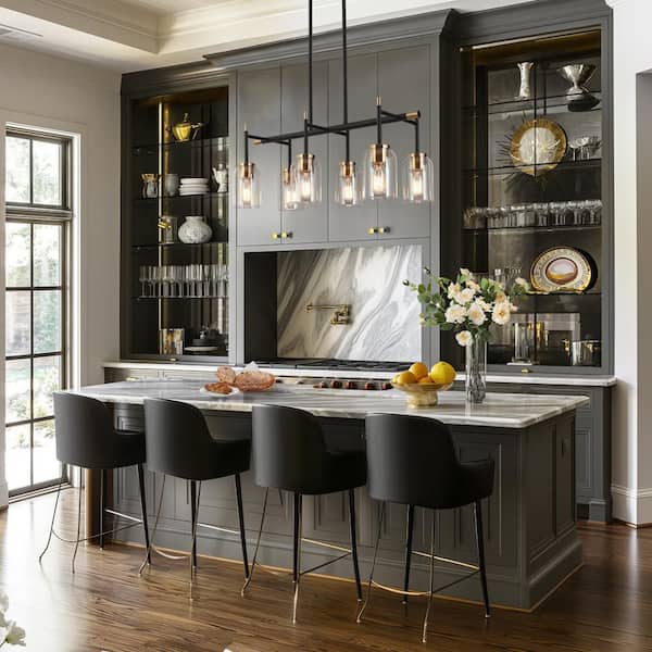 6-Light Mid-century Modern Pendant Light with Clear Glass Shade Black and Gold Chandelier Lighting for Living Room