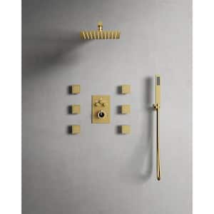 Thermostatic Valve 7-Spray Patterns Shower Faucet Set 12 in. Wall Mount Dual Shower Heads with 6-Jets in Brushed Gold