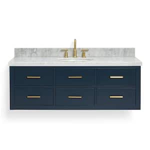 Hutton 55 in. W x 22 in. D x 19.6 in. H Bath Vanity in Midnight Blue with Carrara White Marble Top
