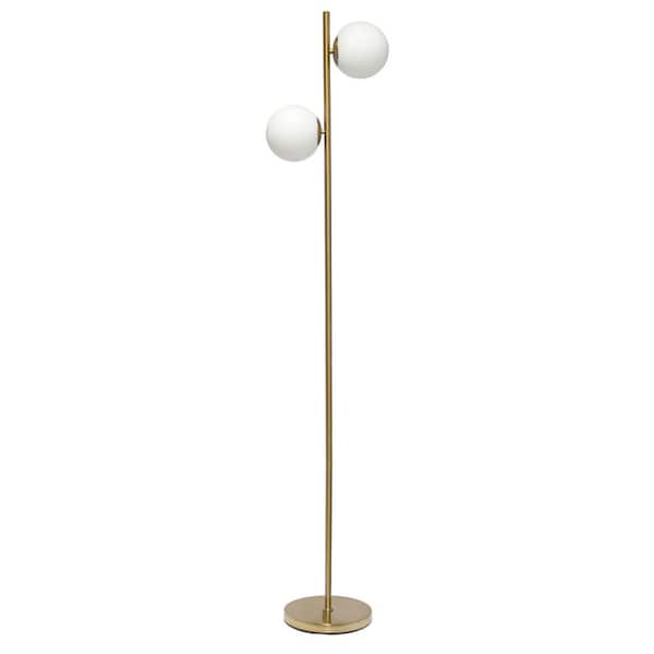Simple Designs 66 in. Gold with White Shades Tall Mid Century Modern Standing Tree Floor Lamp with Dual Glass Globe Shade