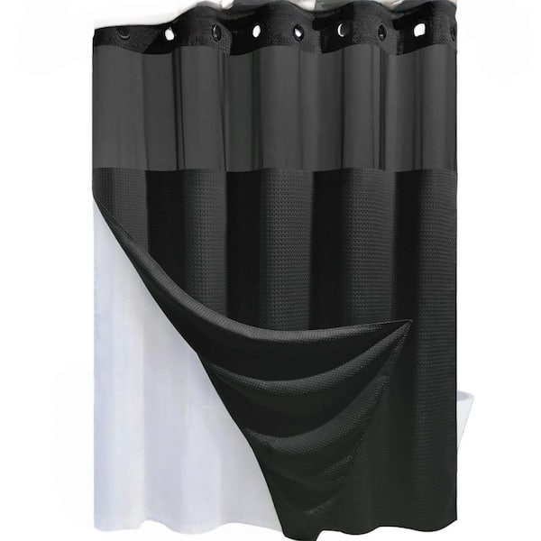 71 in. W x 74 in. L Fabric Shower Curtain and Liner Set Waffle Weave Shower Curtain in Black for Hotel, Home Bathroom