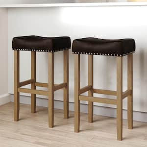 Hylie 29 in. Nailhead Wood Pub-Height Counter Bar Stool, Dark Brown Faux Leather Cushion Light Brown Finish, Set of 2