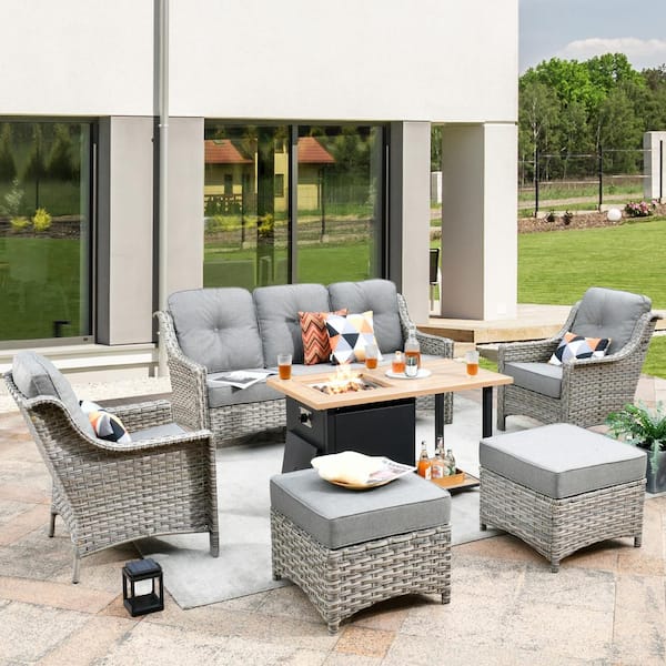 weaxty W Tulip A Gray 6-Piece Wicker Patio Storage Fire Pit Conversation Sofa Set with Dark Gray Cushions