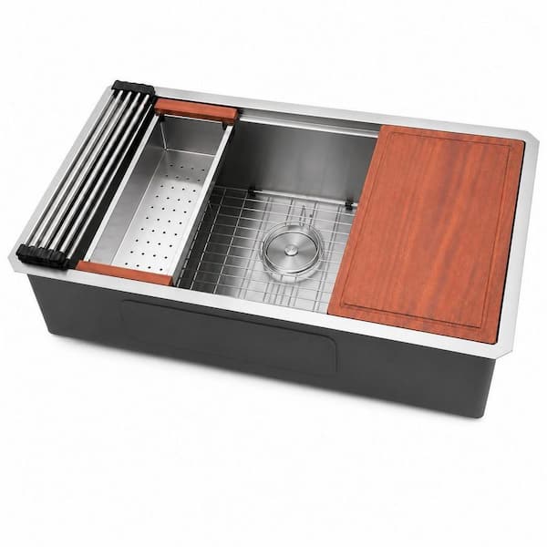 33 in. Undermount Kitchen Sink Workstation, Kitchen Sinks with Ledge Round Corner Stainless Steel Single Bowl Basin