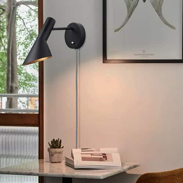 SUNLLOK Industrial 5.12 in. 1-Light Black Rotating Plug in Wall Sconces Farmhouse Reading Wall Lamp for Living Room, Bedroom