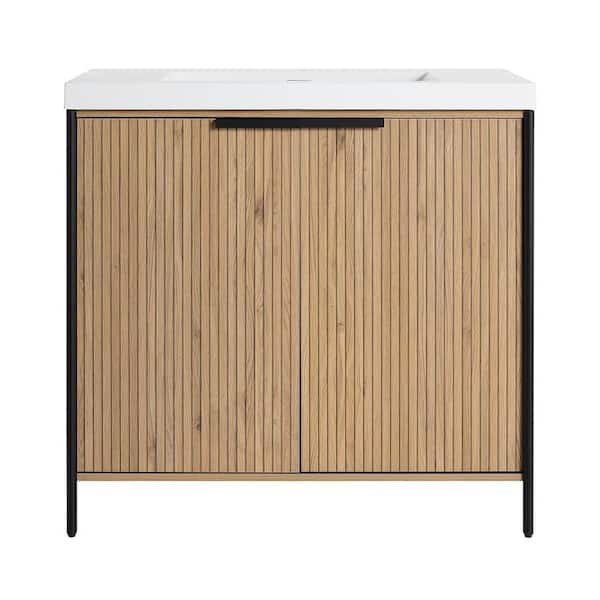 Midsummer 35.4 in. W x 19.7 in. D x 34.9 in. H Freestanding Bath Vanity Cabinet in Light Coffee with White Resin Top
