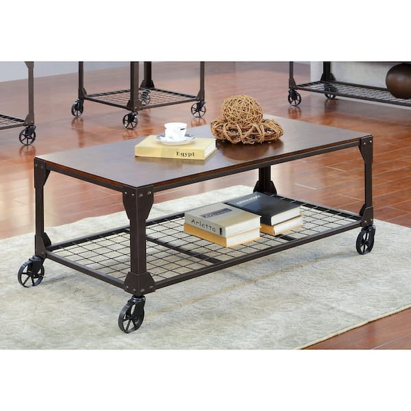 Clio 47.5 in. Black Rectangle Wood Coffee Table with Casters