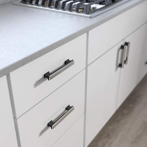 Dual Tone Luxe Square 5-1/16 in. (128 mm) Modern Matte Black and Stainless Steel Cabinet Drawer Bar Pull