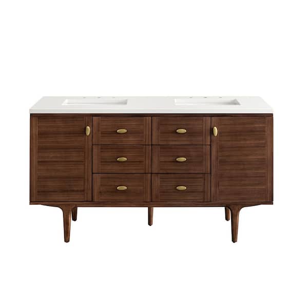 James Martin Vanities Amberly 60.0 in. W x 23.5 in. D x 34.7 in. H Bathroom Vanity in Mid-Century Walnut with White Zeus Quartz Top