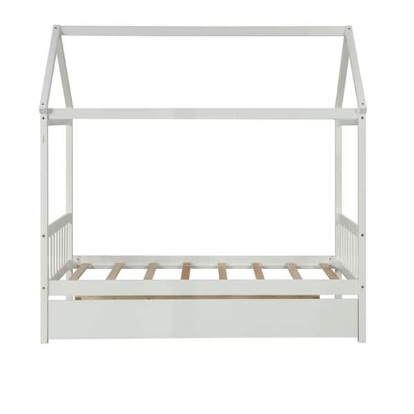 STICKON 79.5 in. W White Wood Frame Twin Size House Platform Bed with Twin Trundle