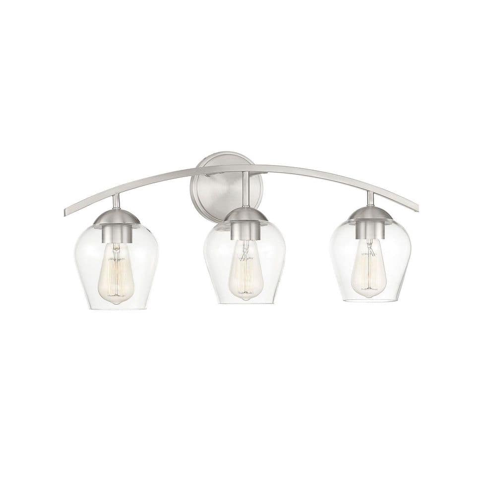 Brushed Nickel 3-Light Bathroom Vanity Fixture with Clear Glass Shades