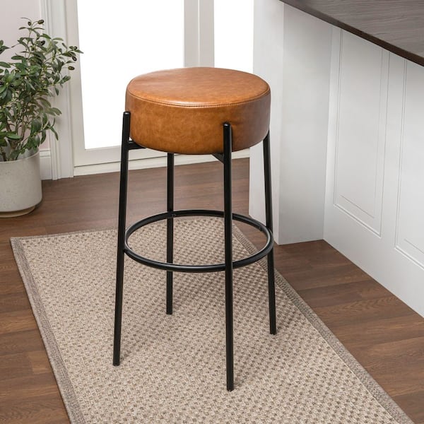 Paola 30 in. Modern Minimalist Round Backless Metal/Vegan Leather Cushioned Bar Stool, Caramel Brown/Black