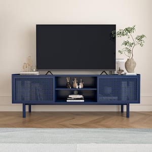 Blue Iron rattan TV Stand Storage Cabinet for TV up to 70in. w/ Adjustable Shelves (62.9in. W x 15.5 in. D x 22.2 in. H)