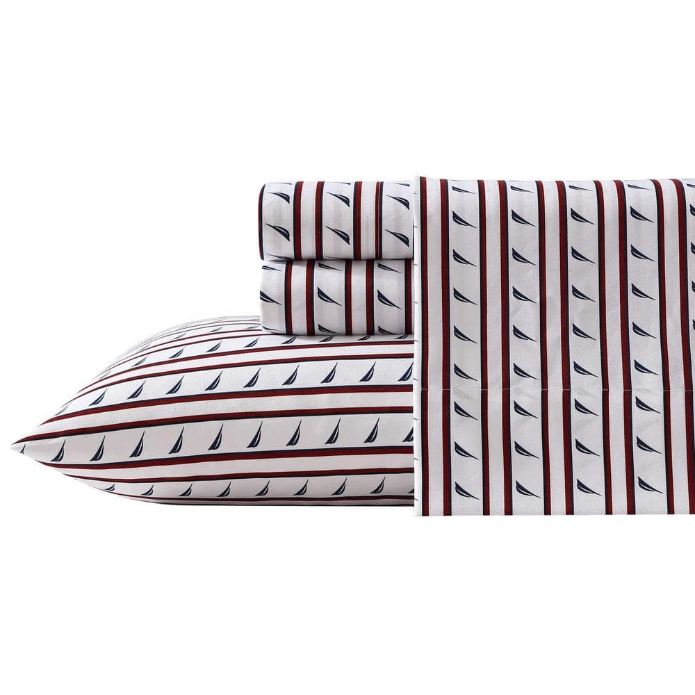 Full White and Red Striped Polyester Microfiber Bedding Set
