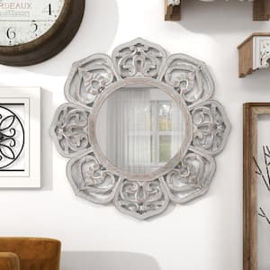 32 in. x 32 in. Carved Round Framed White Floral Wall Mirror with Cutout Design