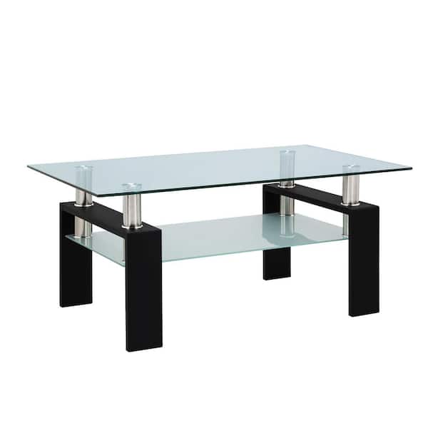 wetiny 39 in. Black Small Rectangle Glass Coffee Table with 1-Piece