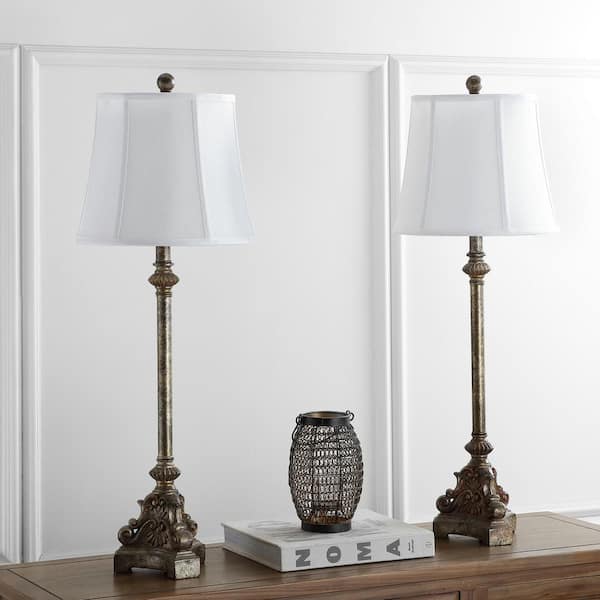 Rimini Console 33.5 in. Antique Silver Candlestick Table Lamp with Off-White Shade (Set of 2)