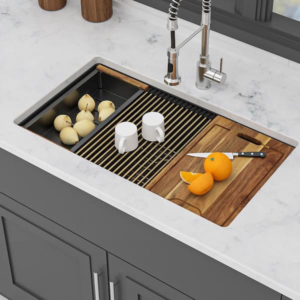 30 in. Undermount Single Bowl Black Quartz Kitchen Sink with Workstation