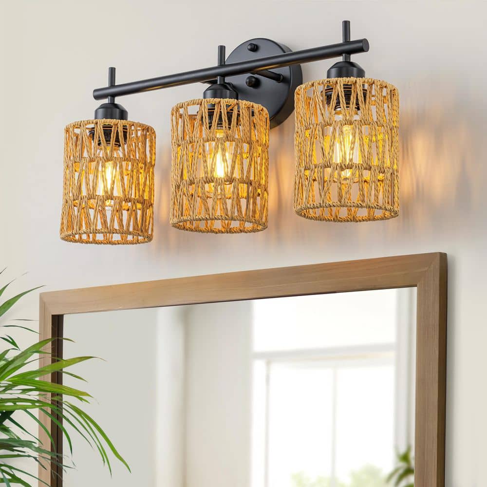 19.29 in. 3-Light Farmhouse Black Bathroom Vanity Light with Cylinder Yello