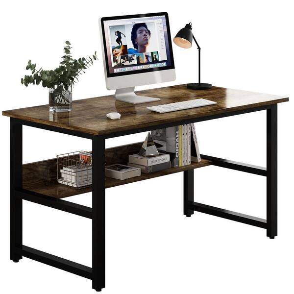 Lirago Modern 48 in. x 24 in. Rectangle Brown Wood Top Steel Writing Desk with Storage Shelf Computer Desk Home Office