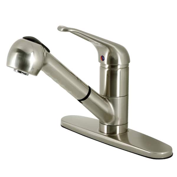 Kingston Brass Single-Handle Deck Mount Pull Out Sprayer Kitchen Faucet with Deck Plate Included in Brushed Nickel