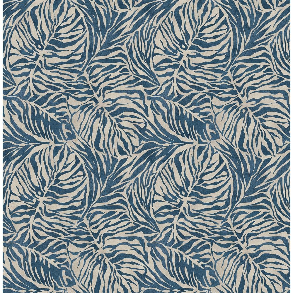 Indigo Blue Tropical Zebra Leaf Peel and Stick Wallpaper Roll