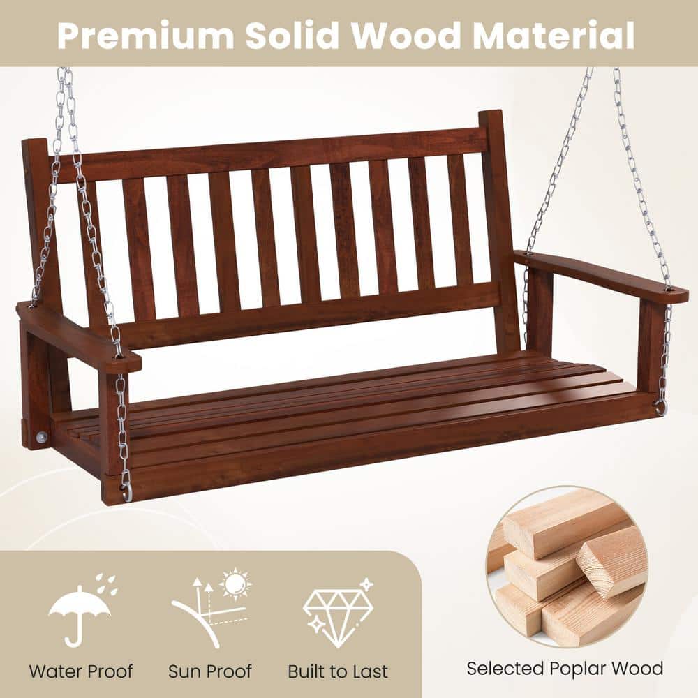 Brown Poplar Wood 3-Person Outdoor Porch Swing with Metal Chains